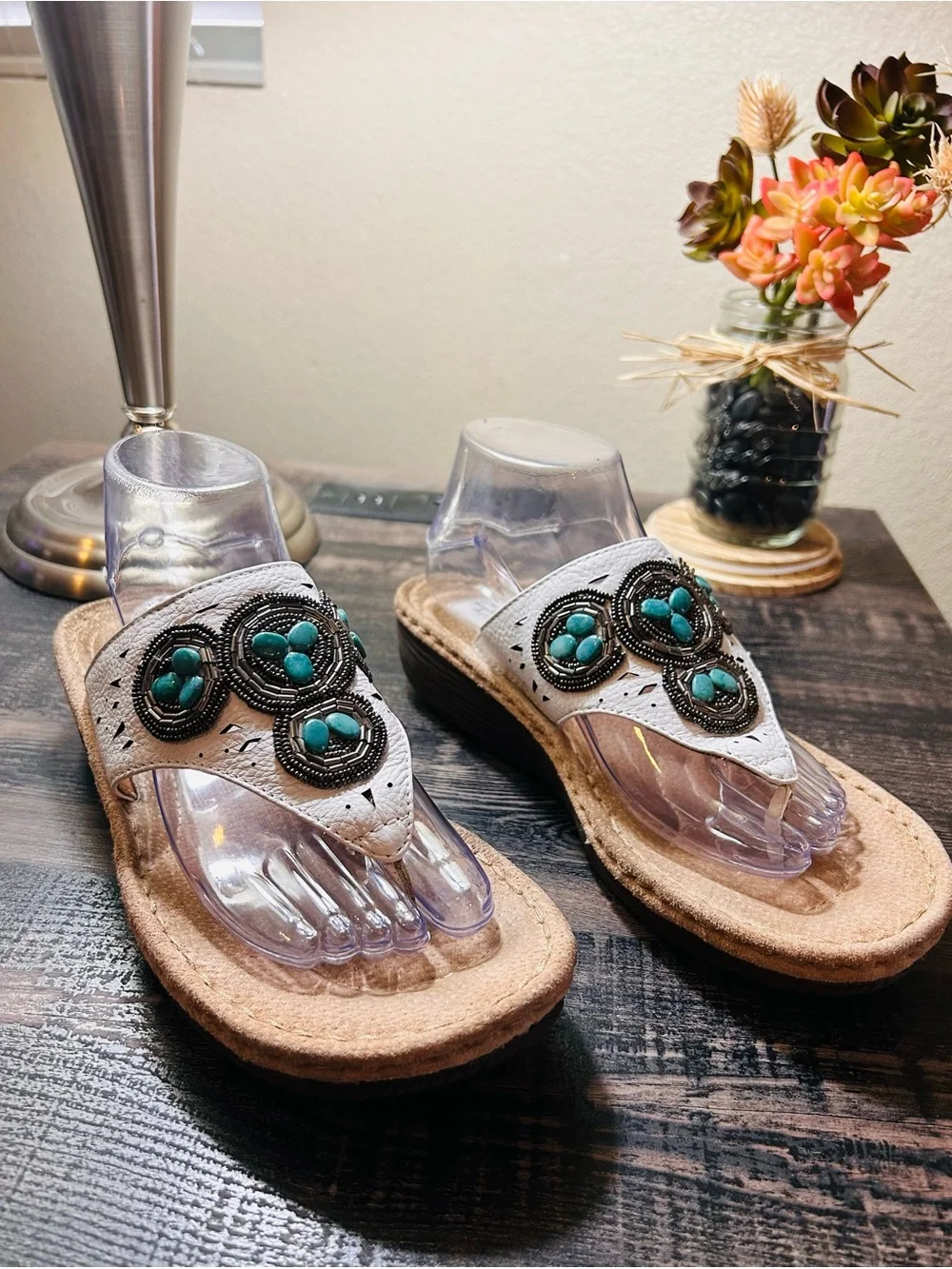 Clarks Artisan Women’s Sandals Boho White Beaded Turquoise
